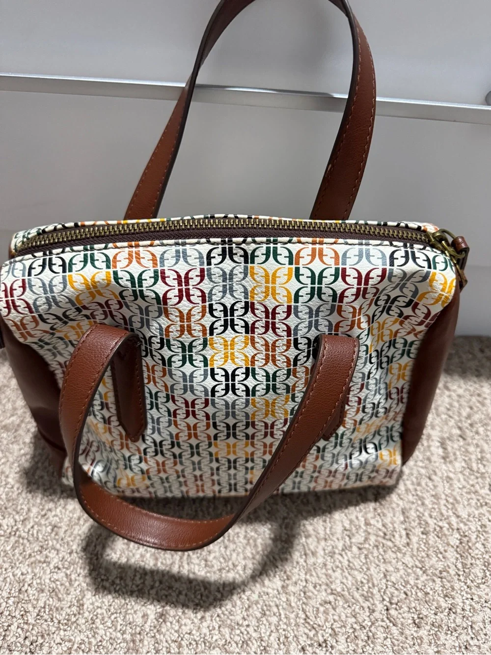 Fossil Multicolor Logo Satchel with Brown Trim